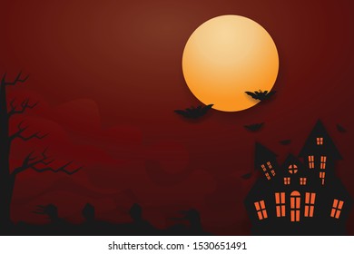 full moon haunted house and black bat flying, halloween day theme. paper art.