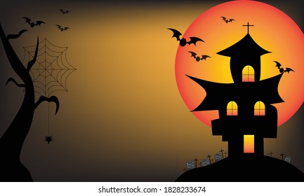 Full Moon , Haunted House, Tombstone ,Spider and Bats. Halloween day concept.