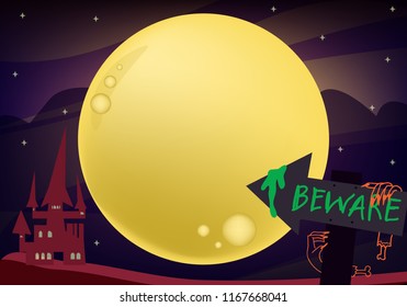 Full moon hello ween background and castle of zombies