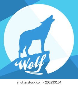 Full Moon with Howling Wolf Silhouette on Flat Abstract Blue Design