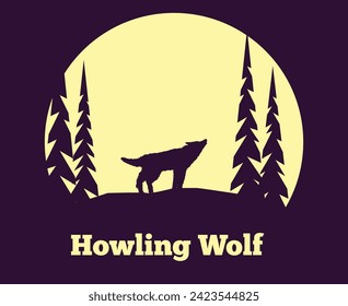 Full Moon with Howling Wolf Silhouette on a Hill with Fir Trees. Nature and wildlife concept vector art