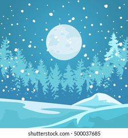 The full moon illuminates the dark forest and snowdrifts. Snow falls.