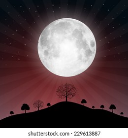 Full Moon Illustration with Stars and Trees - Vector Illustration