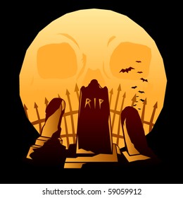 Full moon with implied skull behind graveyard