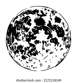 Full moon ink sketch isolated on white. Outline outer space, magic witchcraft symbol. Hand drawn vector illustration in retro style.