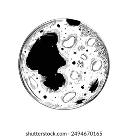Full moon ink sketch isolated on white. Outline outer space, magic witchcraft symbol. Hand drawn vector illustration.