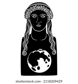 Full moon inside antique female bust. Ancient Greek goddess Selene or Nyx. Black and white silhouette. Creative concept.