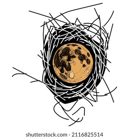 Full moon inside a bird's nest. Creative environmental concept. Isolated vector illustration.