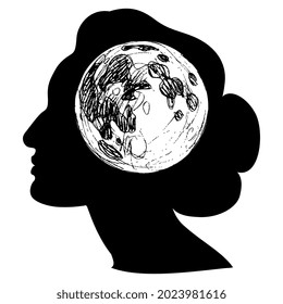 Full moon inside female head. Symbol of female subconscious and mind. Power of imagination. Black and white silhouette. Creative concept. Goddess Hecate, Selene or Nyx.
