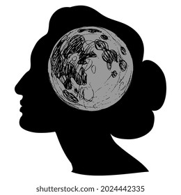 Full moon inside female head. Symbol of female subconscious and mind. Power of imagination. Monochrome silhouette. Creative concept. Goddess Hecate, Selene or Nyx.