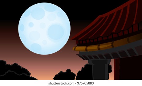 Full Moon in Japan Night Cartoon Vector