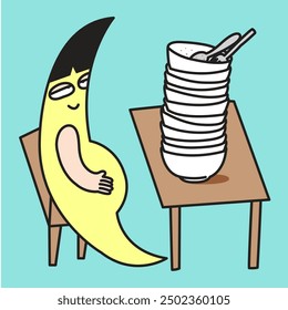 A Full Moon Lady Is Lying On Chair After Eating Lot Of Food Concept Card Character illustration