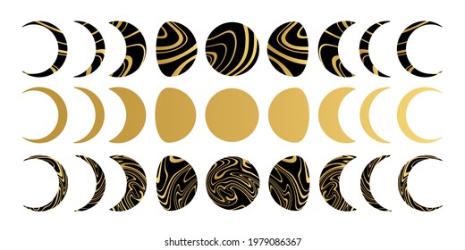 Full moon liquid gold. Moon phases with gold inclusions. Marbled textrure. Hand drawn vector. 