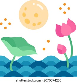 Full moon and lotus flower and leaf vector illustration scene for celebrate Loi Krathong festival. Loi Krathong is a Thailand floating decorated basket annual festival to respect river spirit