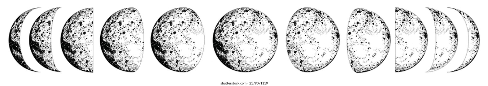 Full moon. Lunar phases. Celestial vector illustrations on white background. Tatoo. Astrology, alchemy, magic, mystical, boho symbol. Moon pagan. Wicca moon. Triple goddess maiden