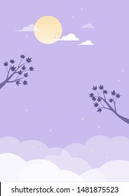 Full moon and maple branch vector illustration.