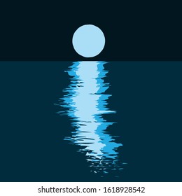 Full moon and moonlight on water waves in dark night, simple modern flat illustration. Blue full moon and light on waves, marine horizon. Modern Hand drawn vector illustration. Tranquil