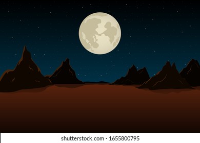 Full Moon In Mountains. Night Landscape. Vector.