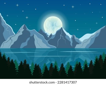 Full Moon and Mountains night landscape. Vector illustration with lake and forest in reflection