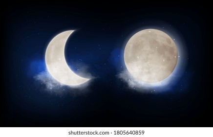 Full moon and new moon crescent over a patch of cloudy twilight blue sky lit by the glow of the moonlight, colored vector illustration