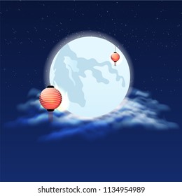 Full moon night background decorated with chinese lantern for Mid Autumn festival.