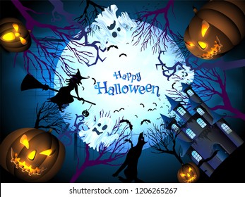 Full moon night background decorated with haunted house, scary pumpkins and flying witch for Happy Halloween festival celebration.