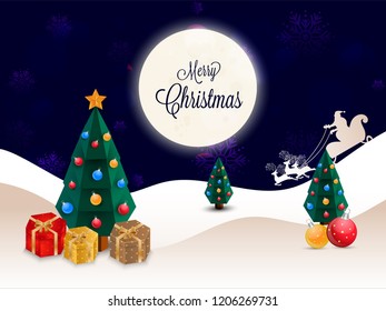 Full moon night background decorated with 3d xmas trees, gift boxes and baubles for Merry Christmas festival.
