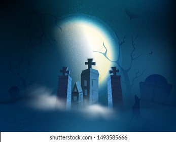 Full moon night background with haunted house, graveyard and yelling wolf for Halloween Night. Can be used as poster design.