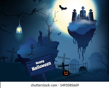 Full moon night background with haunted house and graveyard place for Happy Halloween celebration banner or poster design.