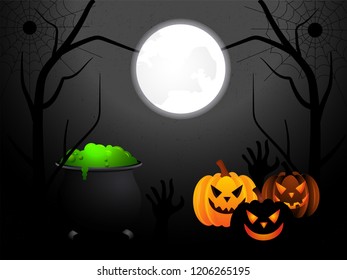 Full moon night background with illustration of scary jack-o-lanterns and magical cooking pot. Can be used as greeting card design.