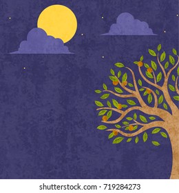 Full moon night background. Persimmon tree. Mid Autumn Festival