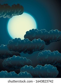 Full Moon night background. Vector illustration. magic atmosphere. Dark cloud. 