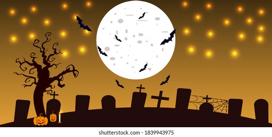 Full moon night in cemetery with pumkin , halloween background halloween background design 
