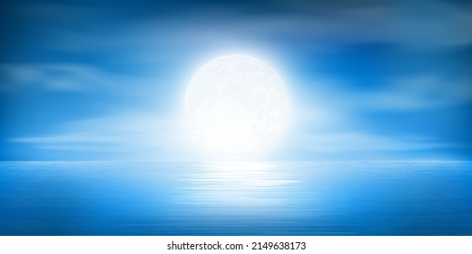 full moon night with clouds on calm sea, ocean vector illustration