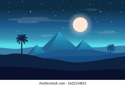 Full Moon Night Egypt Pyramid Desert Arabian Landscape Illustration