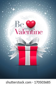 Full moon night, gift box and Valentine's Day message with red heart. Vector illustration. Elements are layered in vector file. Easy editable.