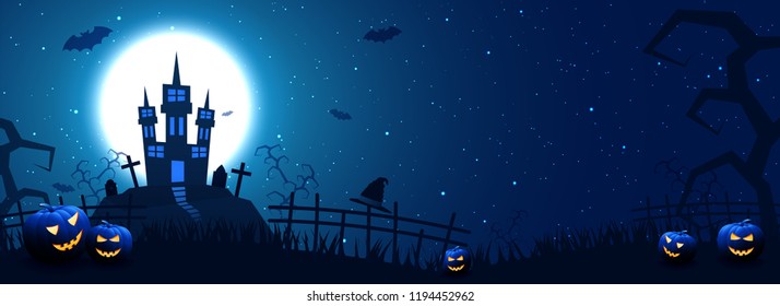 Full Moon Night Header or Banner Design with Haunted House and scary Jack-o-lanterns on Blue background for Halloween festival celebration.