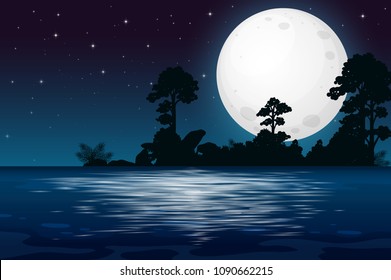 A Full Moon Night At The Lake Illustration