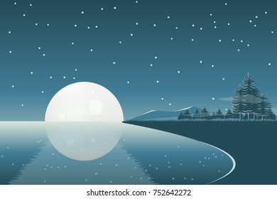 Full moon night landscape.Coniferous forest near water.Dark blue background