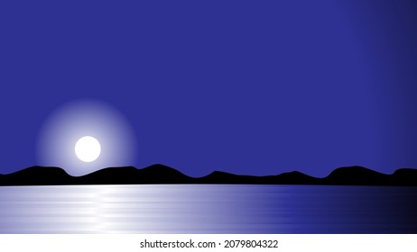 Vollmond Nachtsee- oder Meereslandschaft. Sternenhimmel mit Wolken und Mondlicht-Reflexion auf dunkler Wasseroberfläche, romantische Fantasie-Naturhintergrund, Mitternacht.