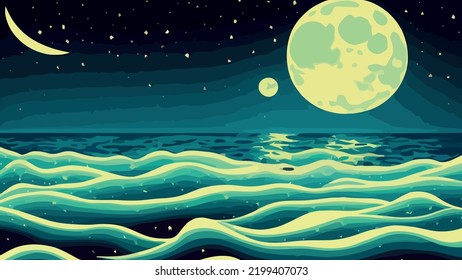 full moon night ocean or sea landscape starry sky