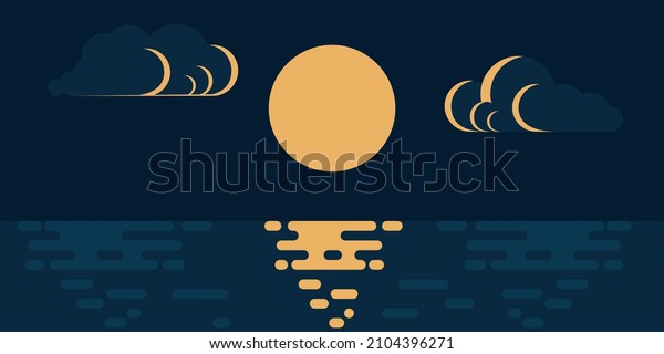 Romantic full moon night ocean or seascape. with clouds and moonlight reflection in dark water surface, in flat style, vector image.