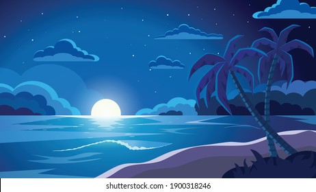 Full moon night ocean. Tropical landscape with ocean. Vector illustration