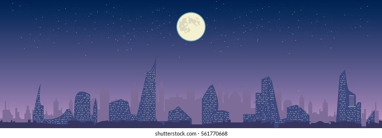 Full moon night over modern city silhouette, vector cityscape illustration