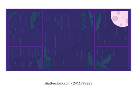 Full moon night raining window 2D linear cartoon object. Rainy weather nighttime moon isolated line vector element white background. Autumn midnight rainfall color flat spot illustration