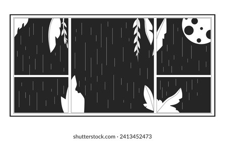 Ventana de lluvia nocturna de luna llena objeto de dibujos animados en 2D en blanco y negro. Luna de noche de clima lluvioso aislado elemento de contorno vectorial aislado. Ilustración de manchas planas monocromáticas de las lluvias de la medianoche del otoño