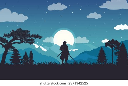 Full moon night silhouette landscape view and a samurai standing with his sword