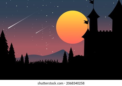 Full moon at night with silhouette scene illustration