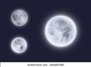 Full moon in night sky 3d vector design. Realistic detailed white glowing surface of space planets satellite, near and far sides of Moon or luna with bright light halo, space and astronomy science