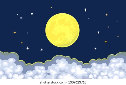 Full moon in the night sky above the clouds. Vector illustration in cartoon flat style.